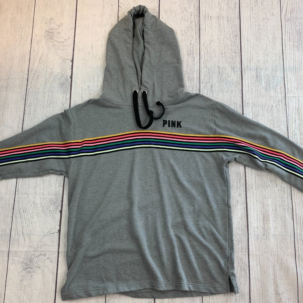 Victoria's Secret Pink Hoodie sz L Hooded Sweatshirt Gray Rainbow Stripes